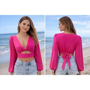 Windsor Women's Lg. Neon Pink Bubblegum Long Sleeve Trendy Crop Top Peep Hole #T